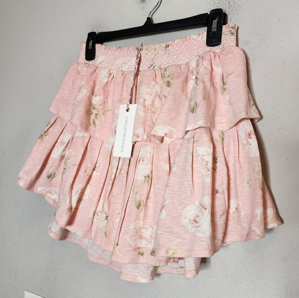 NWT LoveShackFancy Smocked Ruffle Mini Skirt Ballet Pink Floral Soft Cotton M
